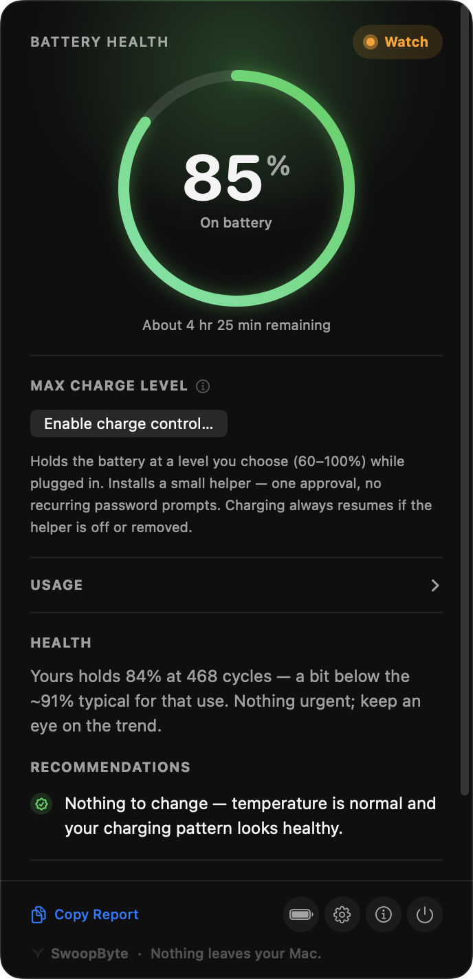 Real screenshot of the SwoopByte Battery panel: an honest Watch verdict, 85% charge with time remaining, and a plain-language health read — 84% capacity at 468 cycles, nothing urgent